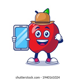 Cute Apple Farmer Holding Phone Cartoon Vector Illustration. Fruit Mascot Character Concept Isolated Premium Vector