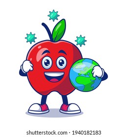 Cute Apple Fight Corona Virus Holding Earth Cartoon Vector Illustration. Fruit Mascot Character Concept Isolated Premium Vector