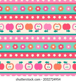 Cute apple, flower and star seamless pattern with striped background.