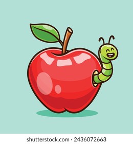 Cute apple fruit with caterpillar in hole cartoon vector illustration