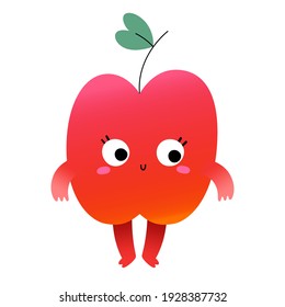 Cute apple fruit character with face expression, ambarrased emotion, kawaii cartoon fruit character with funny face expression, vector illustration isolated on white background