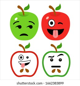 Carácter de manzana en expresión triste, humorística, loca y pensante