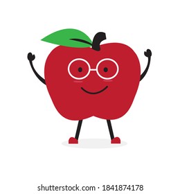 Personaje de la fruta de manzana lindo con gafas feliz vector de caricaturas.