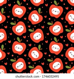 Cute Apple Fruit Kawaii Face Seamless Pattern, Abstract Repeated Cartoon Background, Vector Illustration