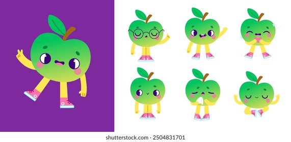 Cute apple fruit mascot poses set. Retro cartoon vector fresh character with emotion. Baby food mascot.