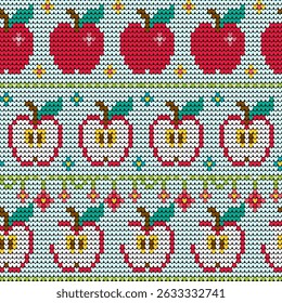 Cute Apple Fruit Seamless Knitting Pattern with Whole and Sliced Apples on Light Blue Background