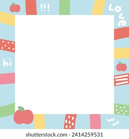 Cute apple fruit tiny icon frame.Stationary DIY design.Memo paper.Hand drawn cartoon.Love word.Kawaii.Vector.Illustration.