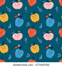 Cute Apple Fruits Colorful Background. Seamless Pattern with Kawaii Apples and Leaves. Summer Fruit Wallpaper. Healthy Food Autumn Background for Kids
