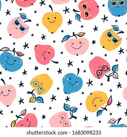 Cute Apple Fruits And Stars Colorful Background. Seamless Pattern With Kawaii Apples. Summer Fruit Wallpaper. Healthy Food Autumn Background For Kids