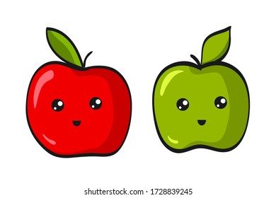 Cute Apple. Funny Flat Cartoon Happy Yummy Fruits icons clip art vector illustration on white.