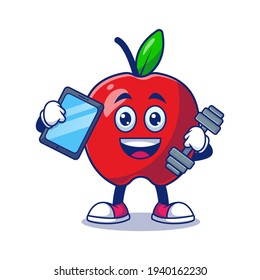 Cute Apple at Gym Holding Tablet. Cartoon Fitness Vector Illustration. Fruit Mascot Character Concept Isolated Premium Vector