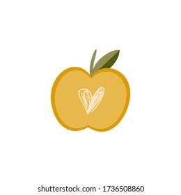Cute apple with hand drawn heart inside in gender neutral mustard color isolated on white background.