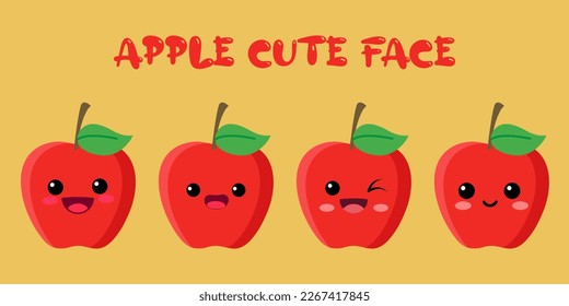 CUTE APPLE ,HAPPY CUTE SET OF SMILING APPLE FACE . VECTOR ILLUSTRATION