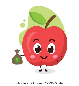 cute apple hold dollar bag.illustration for business, t shirt, sticker, card or poster design.kawaii cartoon illustration.cute emoticon bring money.