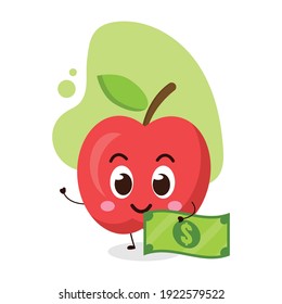cute apple hold dollar banknotes.illustration for business, t shirt, sticker, card or poster design.kawaii cartoon illustration.cute emoticon bring money.