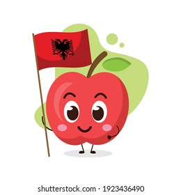 cute apple hold the flag of Albania.illustration for business; t shirt; sticker; card or poster design.kawaii cartoon illustration.funny healthy food illustration.