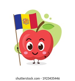 cute apple hold the flag of Andorra.illustration for business, t shirt, sticker, card or poster design.kawaii cartoon illustration.funny healthy food illustration.