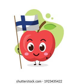 cute apple hold the flag of finland.illustration for business, t shirt, sticker, card or poster design.kawaii cartoon illustration.funny healthy food illustration.