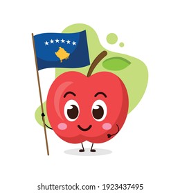 cute apple hold the flag of Kosovo.illustration for business, t shirt, sticker, card or poster design.kawaii cartoon illustration.funny healthy food illustration.