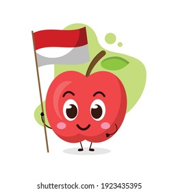 cute apple hold the flag of Monaco.illustration for business, t shirt, sticker, card or poster design.kawaii cartoon illustration.funny healthy food illustration.