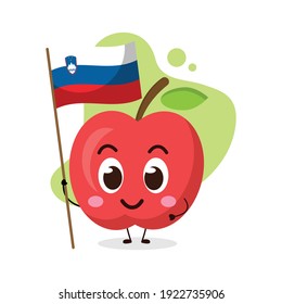 cute apple hold the flag of Slovenia.illustration for business, t shirt, sticker, card or poster design.kawaii cartoon illustration.funny healthy food illustration.