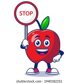 Cute Apple Holding Stop Sign Cartoon Vector Illustration. Fruit Mascot Character Concept Isolated Premium Vector