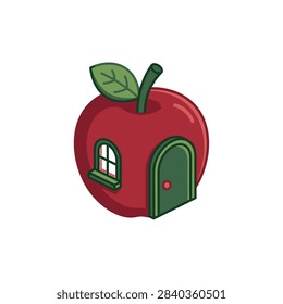 Cute Apple House Illustration with Window and Door Isolated on White Background