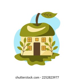 Apfelkuchen. Einfaches kleines Haus mit Apfeldach für Apfelgeschmack-Dekoration. Einzige Vektorgrafik mit grüner Frucht