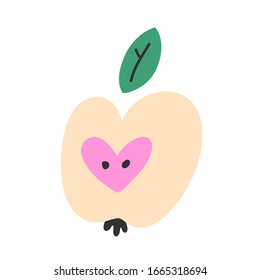 CUte apple icon, hand drawn vector illustration isolated on white background, Apple cut in halves with seeds and leaf