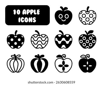 Cute Apple Icons Set, 10 Fun Black and White Apple Fruit Designs for Kids and Coloring Books