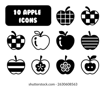 Cute Apple Icons Set, 10 Fun Black and White Apple Fruit Designs for Kids and Coloring Books