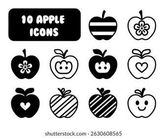 Cute Apple Icons Set, 10 Fun Black and White Apple Fruit Designs for Kids and Coloring Books