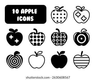 Cute Apple Icons Set, 10 Fun Black and White Apple Fruit Designs for Kids and Coloring Books