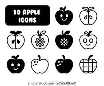 Cute Apple Icons Set, 10 Fun Black and White Apple Fruit Designs for Kids and Coloring Books
