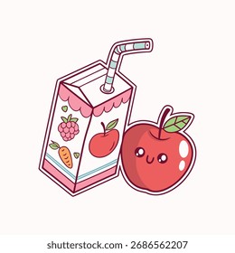 Cute apple and juice box isolated on white background cartoon illustration