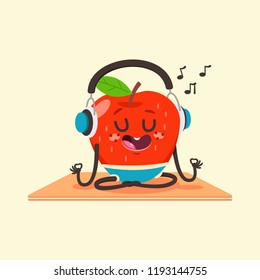 Cute Apple kid in yoga pose. Funny vector cartoon fruit in headphones character isolated on a background. Eating healthy and fitness.