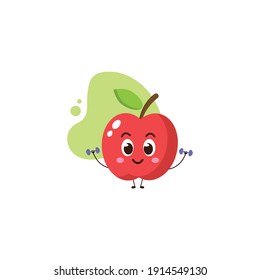 Cute Apple Make Gym With Dumbbells.illustration For Business, T Shirt, Sticker, Card Or Poster Design.kawaii Cartoon Illustration For Kids.funny Vector Illustration.