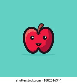 Cute Apple Mascot Vector Illustration With An Apple Smile Lips. Funny, Line, Fun Style Design Character, Red, Black, Color. Recommended For Fruit Shop, Children Education And Other  