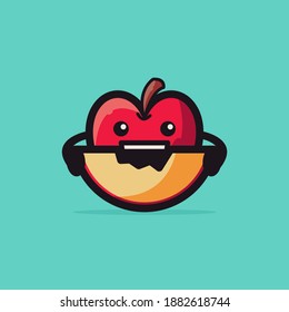 Cute Apple Mascot Vector Illustration With An Apple Eating Fruits. Funny, Line, Fun Style Design Character, Red, Black, Color. Recommended For Fruit Shop, Children Education And Other