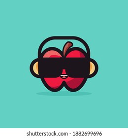 Cute Apple Mascot Vector Illustration With An Apple Use Headphone. Funny, Line, Fun Style Design Character, Red, Black, Color. Recommended For Fruit Shop, Children Education And Other.