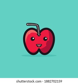 Cute Apple Mascot Vector Illustration With An Apple With Straw. Funny, Line, Fun Style Design Character, Red, Black, Color. Recommended For Fruit Shop, Children Education And Other. 