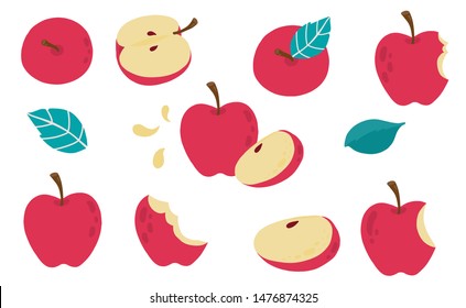 Cute apple object collection.Whole, cut in half, sliced on pieces apple. Vector illustration for icon,logo,sticker,printable