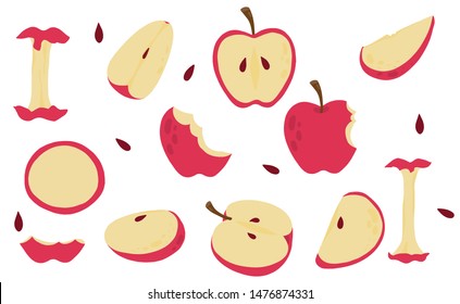 Cute Apple Object Collection.Whole, Cut In Half, Sliced On Pieces Apple. Vector Illustration For Icon,logo,sticker,printable