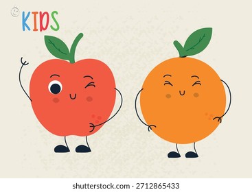 Cute Apple and Orange Characters, perfect for children s projects, educational materials, posters, packaging, games, and playful design content.