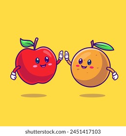 Manzana linda y naranja alta cinco dibujos animados Vector Ilustración. Concepto de ícono de Naturaleza de alimentos Vector Premium aislado. Estilo plano de dibujos animados