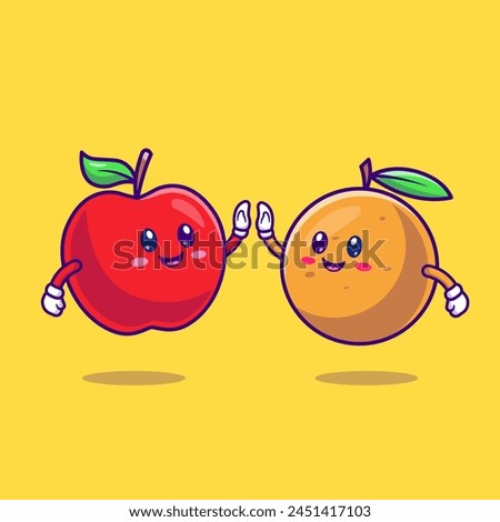 Cute Apple And Orange High Five Cartoon Vector Icon Illustration. Food Nature Icon Concept Isolated Premium Vector. Flat Cartoon Style