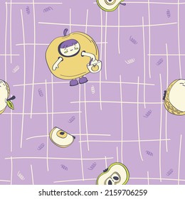 Cute apple pattern with characters and fruits. Baby cloth and paper for gifts print template.