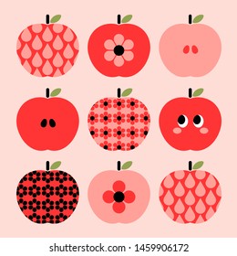 Cute Apple Patterns With Different Facial Expressions. Pink, Red Fruit Vector Sauce.