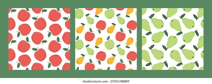 Cute apple pear seamless pattern set. Fruit template for packaging, postcard, printing, wallpaper. Childish minimal print. Cartoon background. Hand drawn doodle illustration isolated on white.