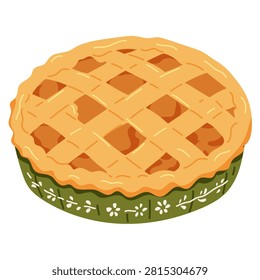 Cute apple pie vector illustration with a golden woven crust and warm orange filling in a decorative green pie dish, isolated on white. Perfect for bakery, dessert and autumn designs